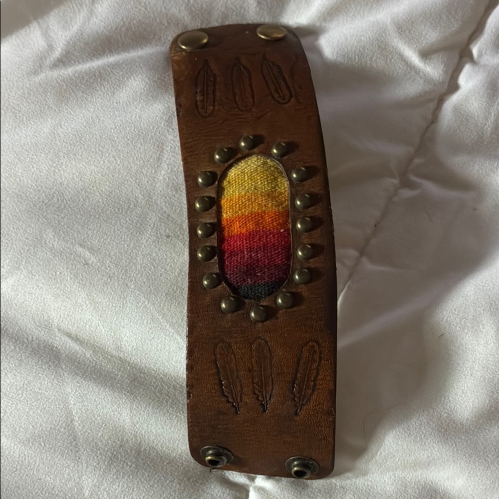 Brown Tooled Leather Cuff Bracelet with Multicolor Accent and Brass Rivets